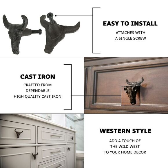 Set of 6 Cast Iron Steer Skull Drawer Pulls Western Home Decor Cabinet Knobs - Picture 2 of 12